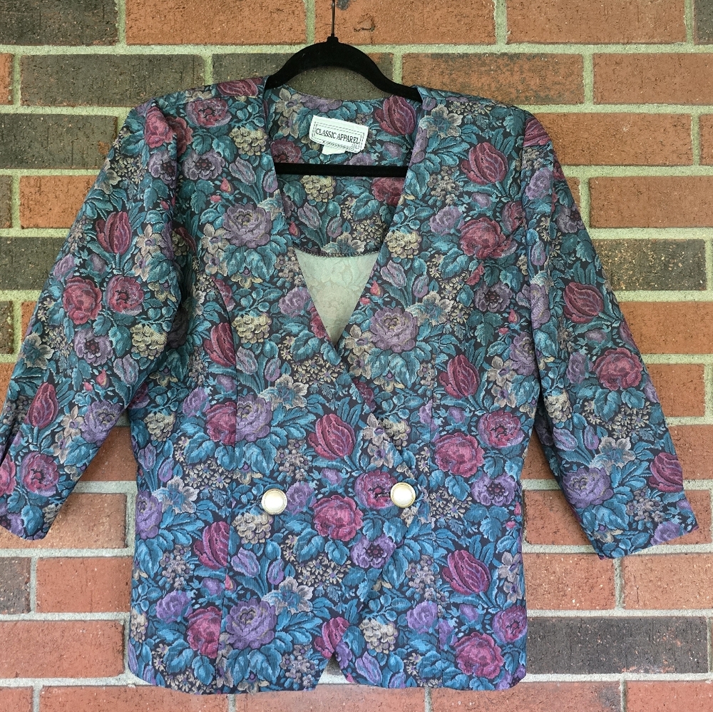 Vintage Classic Apparel Blazer Size 2 Women Multicolor Floral Cottage 80s